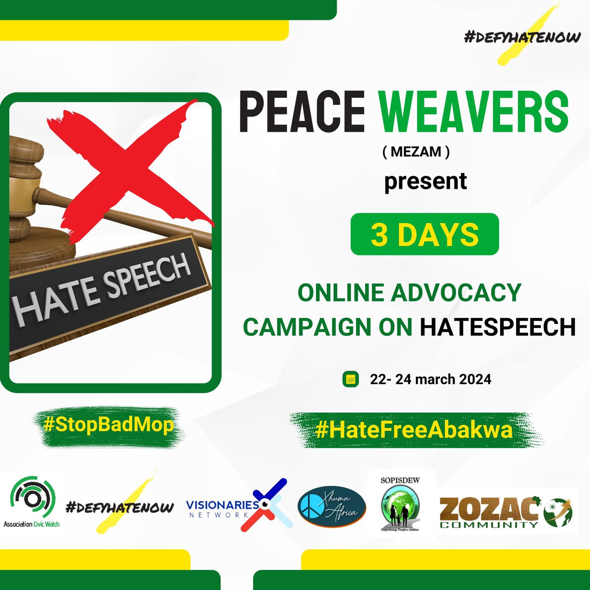 We are elated to join #PeaceWeavers trained by  <a href="/civic_watch/">Civic Watch</a> and  other CSOs  in a 3 Days Advocacy campaign on  #HateSpeech mitigation in  Northwest Cameroon. <a href="/DefyhatenowWCA/">#defyhatenow West & Central Africa</a> #StopBadMop <a href="/intertwilight/">r0g_open culture</a> <a href="/GermanyDiplo/">GermanForeignOffice</a> <a href="/sopisdew/">SOPISDEW</a> #HateFreeAbakwa @FES_PSCC #Act4Peace <a href="/commonwealthfnd/">Commonwealth Fund</a>