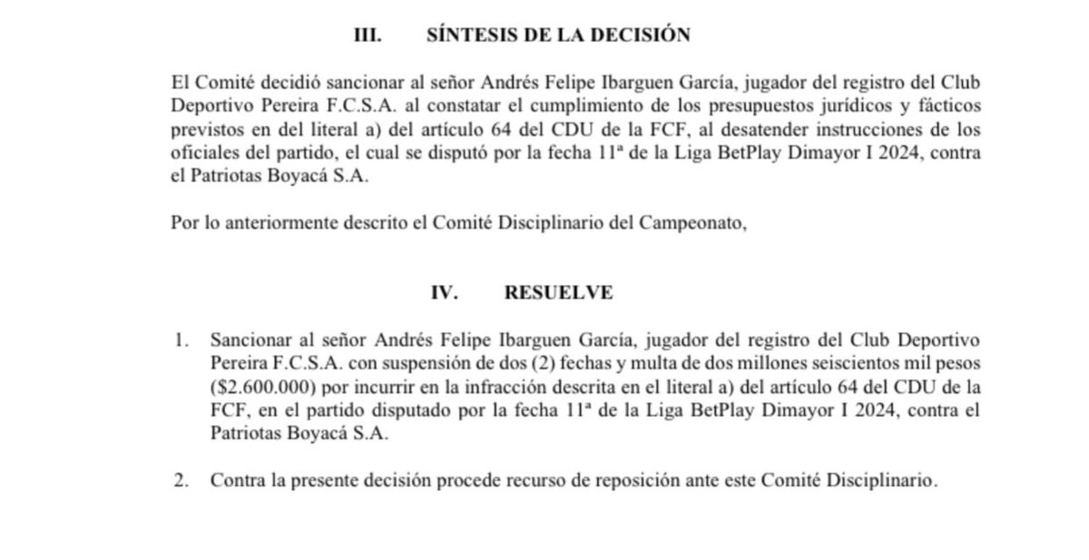 _SamuelDuque's tweet photo. 🚨¡ATENCIÓN! La dimayor Sancionó a Andrés Ibargüen y a Juancho Rios con dos fechas de suspensión y una multa de $2.600.000 🔴🟡❌

Según el comisario por no atender las instrucciones del árbitro en Tunja. Aquí la razón completa⬇️⬇️ https://t.co/2JyDfjlAk3