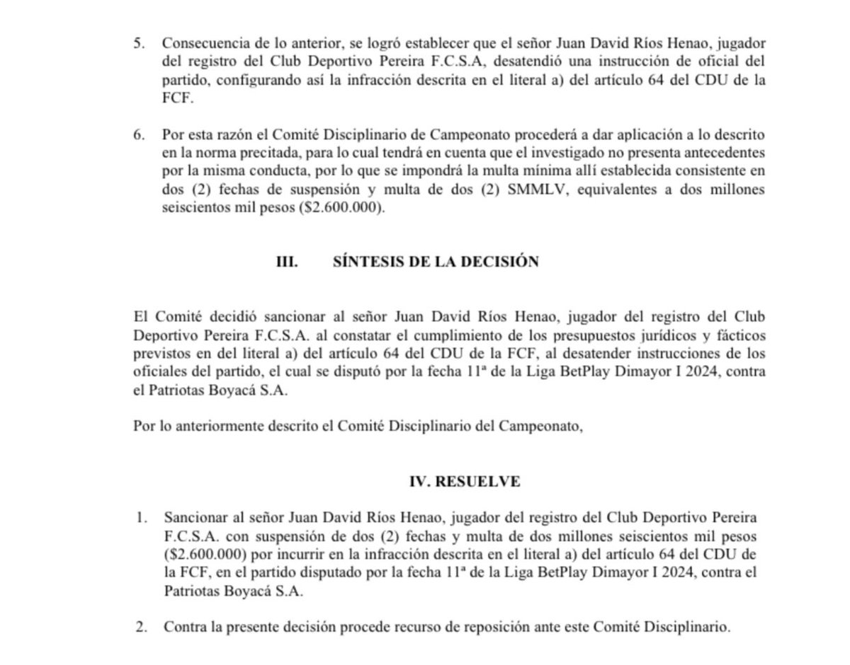 _SamuelDuque's tweet photo. 🚨¡ATENCIÓN! La dimayor Sancionó a Andrés Ibargüen y a Juancho Rios con dos fechas de suspensión y una multa de $2.600.000 🔴🟡❌

Según el comisario por no atender las instrucciones del árbitro en Tunja. Aquí la razón completa⬇️⬇️ https://t.co/2JyDfjlAk3