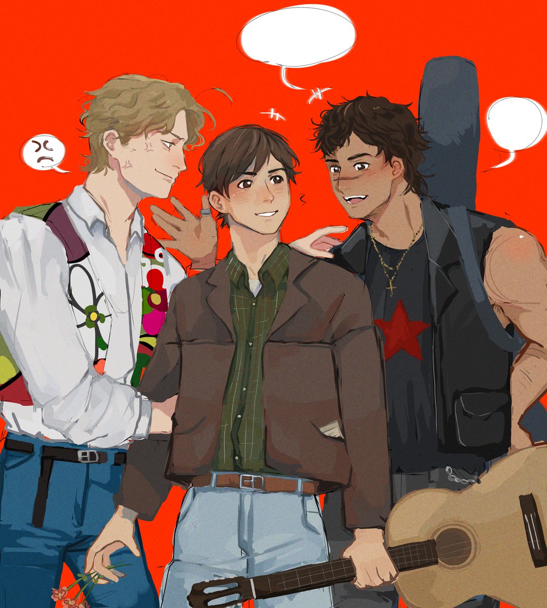 Anhue_'s tweet photo. Trade con @MALBIXITO que me había pedido algo de estos tres tipo ochenteros?? así que reutilicé la idea de músicos ochenteros, cada uno con el estilo de bandas/artistas que andaban populares en cada país en esa época. probablemente están hablando de música. #latinhetalia https://t.co/sQdxU5NYAx