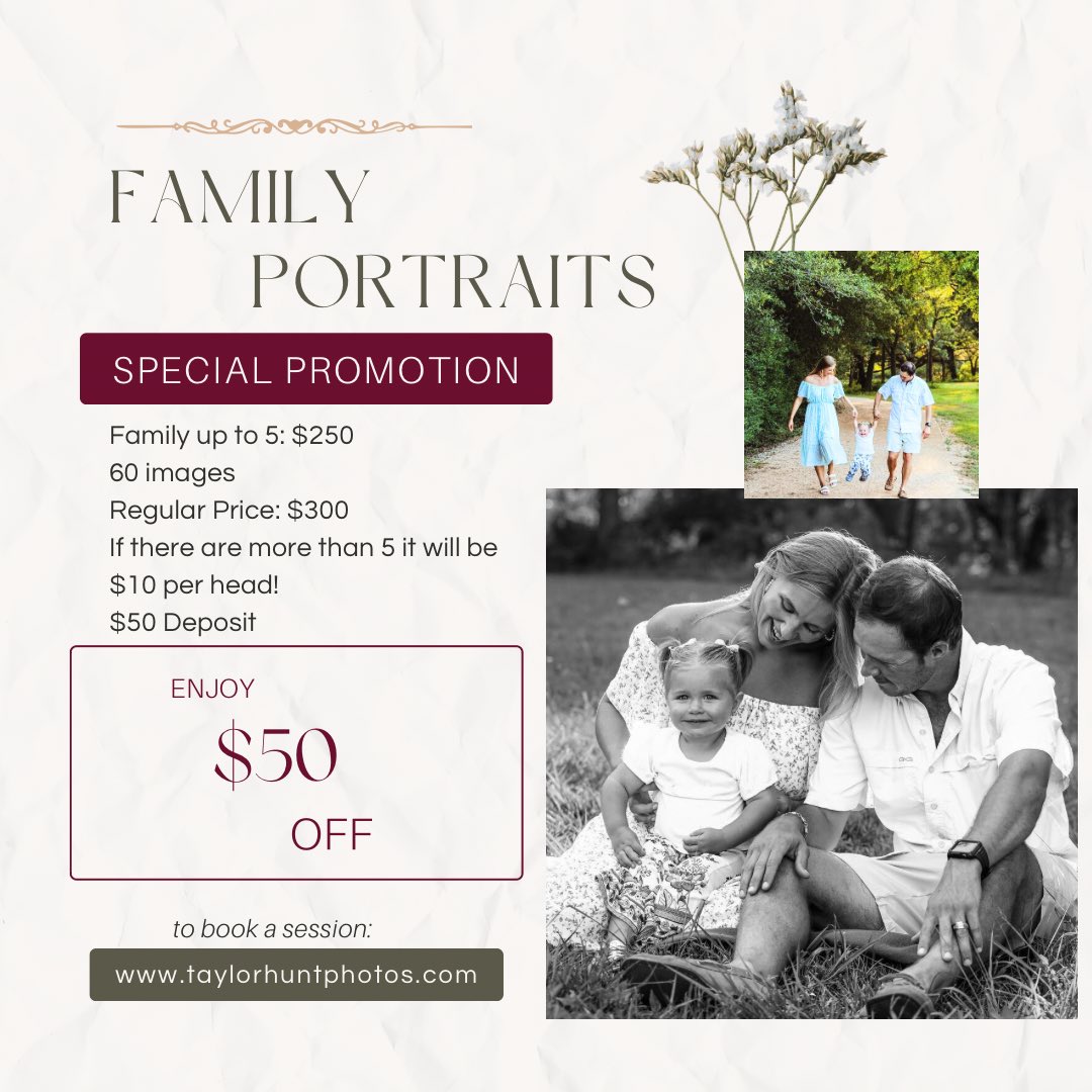 Enjoy $50 OFF‼️ Book a Session Now ❤️ Promotion: April-May 📣 #houstonphotographer #PROMO #promotion #familysession #family #bookwithme #letsbook #photographer #canon #Canonphotography