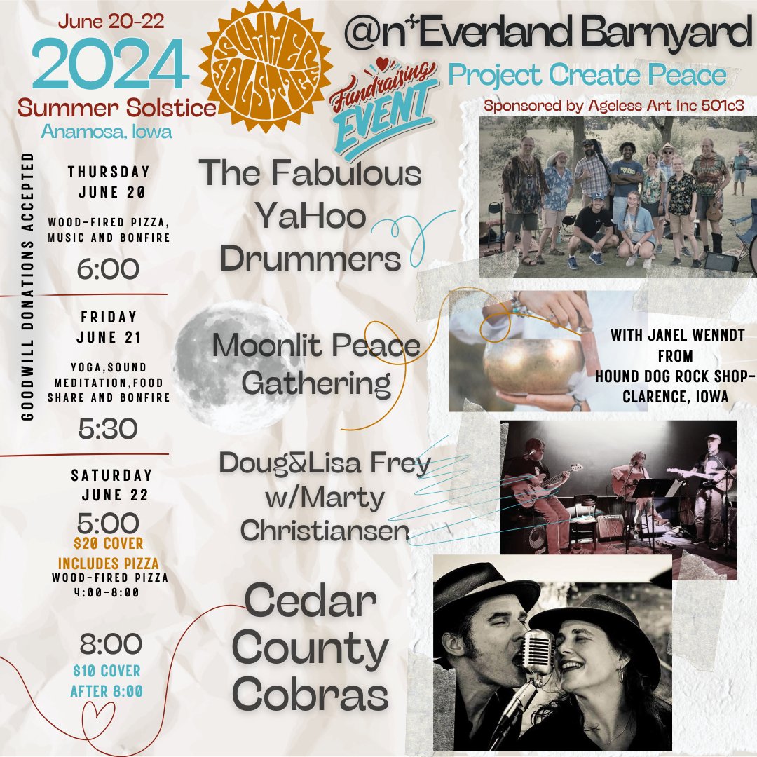 Plan to be in IOWA for Summer Solstice! If you seek #Presence, a place to find yourself and community, n*Everland Barnyard is the place for you! #ProjectCreatePece Fundraising Event! #Music #woodfiredPizza #soundbath #bonfires #blues #summerSolsticeMiniFestival