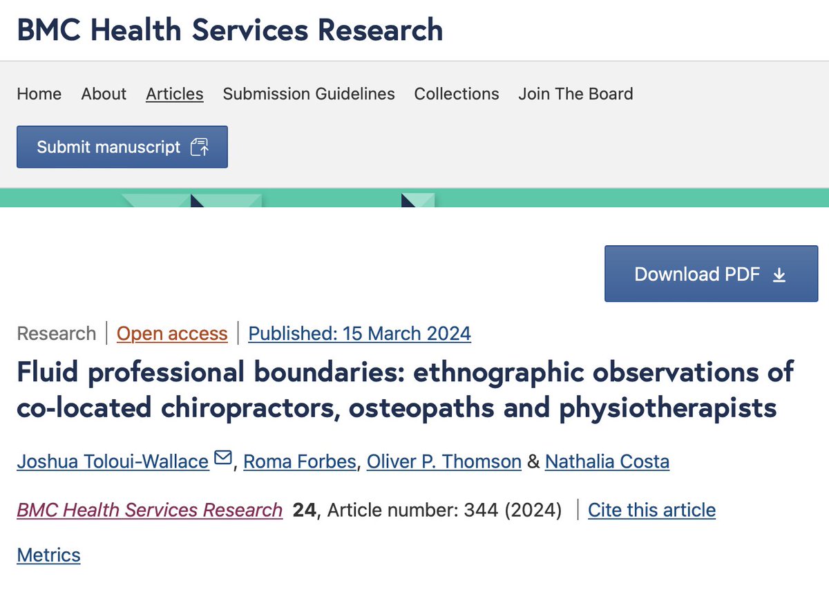 Read my latest #research on professional boundaries between #physiotherapy #chiropractic and #osteopathy, published with @SpringerNature in @HSRatBMC @BioMedCentral here: rdcu.be/dBof0 Gratitude to co-authors @RomaForbesPT, @Dr_OliverT_PhD & @nathaliaccosta1!