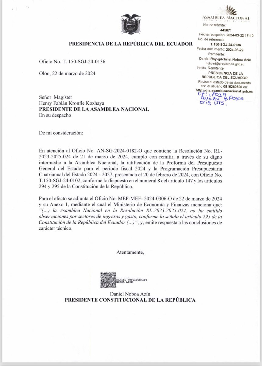 ElenaDeQuito's tweet photo. #Ecuador| El presidente  @DanielNoboaOk no acepta las observaciones formuladas por la @AsambleaEcuador a la proforma  del presupuesto del Estado para el período 2024 y se ratifica en su propuesta inicial. La Asamblea tiene 10 días para ratificar sus observaciones. @teleSURtv https://t.co/8WQjrddF74