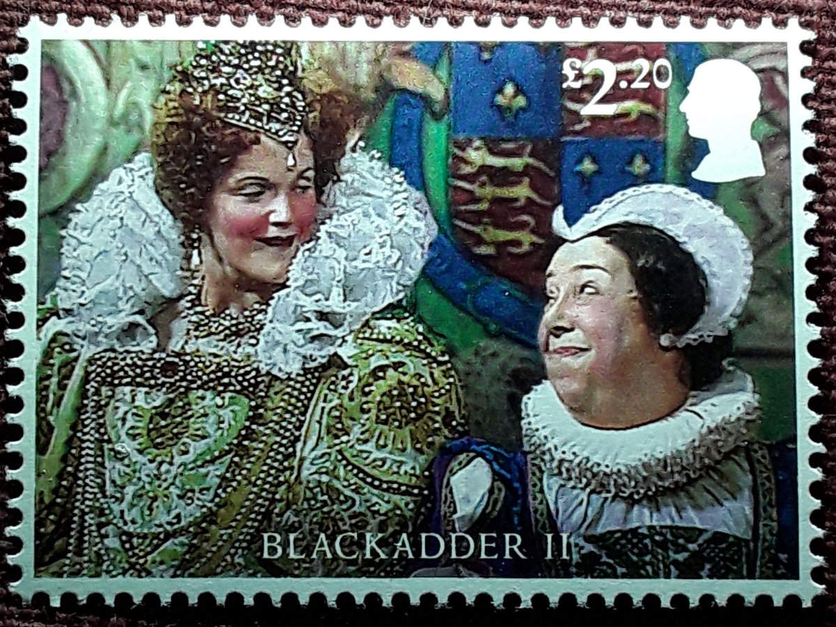 #StampDaily is a recent <a href="/RoyalMail/">Royal Mail</a> issue celebrating the classic TV #comedy #Blackadder. The £2.20 shows Miranda Richardson as Elizabeth I and the late Patsy Byrne as Nursie in Blackadder II. Still funny after all these years. #philately #philatelie #stamps #timbres #briefmarken