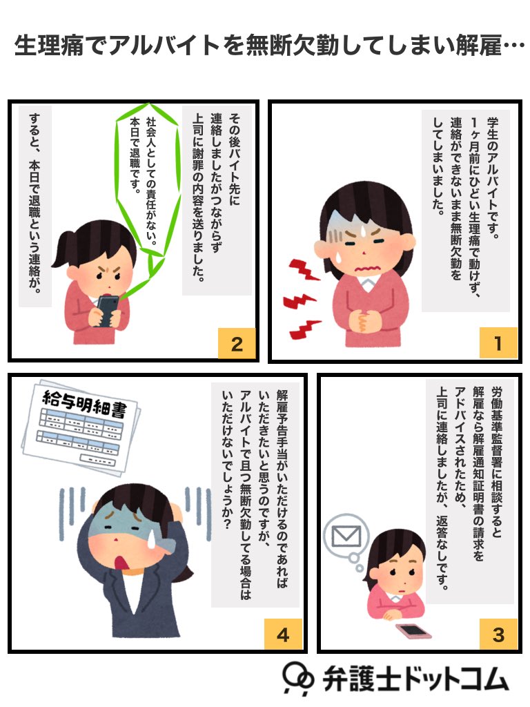 bengo4_com's tweet photo. 【アルバイトを生理痛で一度無断欠勤したら解雇に…😭】

⬇️弁護士の回答📝⬇️
それまでの勤務歴や勤務態度次第ですが、無断欠勤１度だけ（しかもその後にすぐ連絡している）では、不当解雇となる可能性が高いです。
アルバイトであろうと解雇予告手当を請求することはおかしなことではありません。
解雇予告手当は最大で１か月分の給料ですが、不当解雇となれば数か月分の給料を請求できますから、こちらを検討してもいいように思います。
#不当解雇