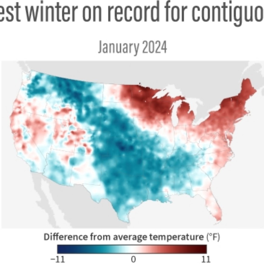 climaconsensus's tweet photo. Did everyone see @NOAAClimate's recent post? If you thought this was the year without a winter, you'd be right! Described as a "warm sandwich," December and February were some of the warmest months for the Continental US on record 🥵Read more at: https://t.co/MBK4mRBKrE https://t.co/NYxTFevXNW