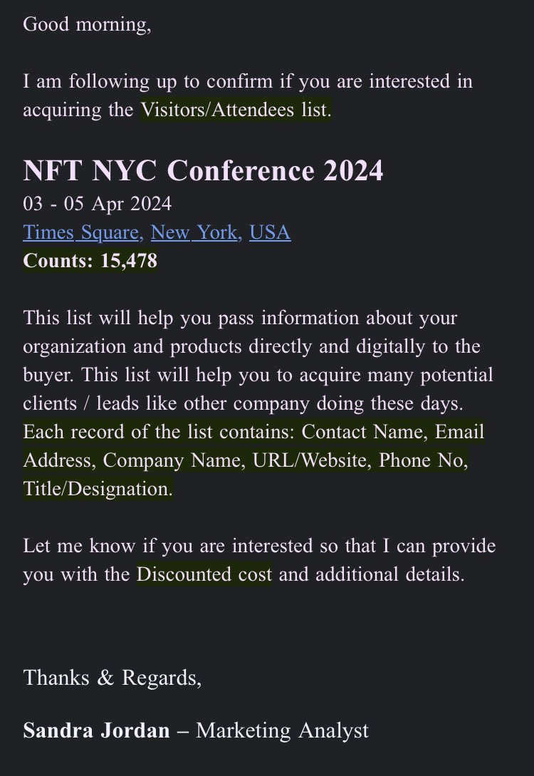 hey if you’re going to @NFT_NYC just a heads up that someone is sending unsolicited emails offering to sell your personal data #NFTNYC2024