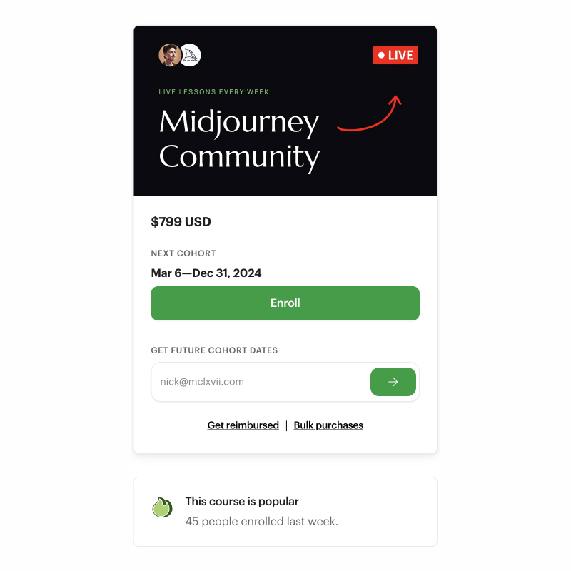 I tried live streaming on twitch, nobody was watching & nobody was subscribing Launched a community model through @MavenHQ and now 142 people have enrolled in the last 3 weeks I get to play around in Midjourney & teach for a living, it's incredible. ty all for the support ❤️