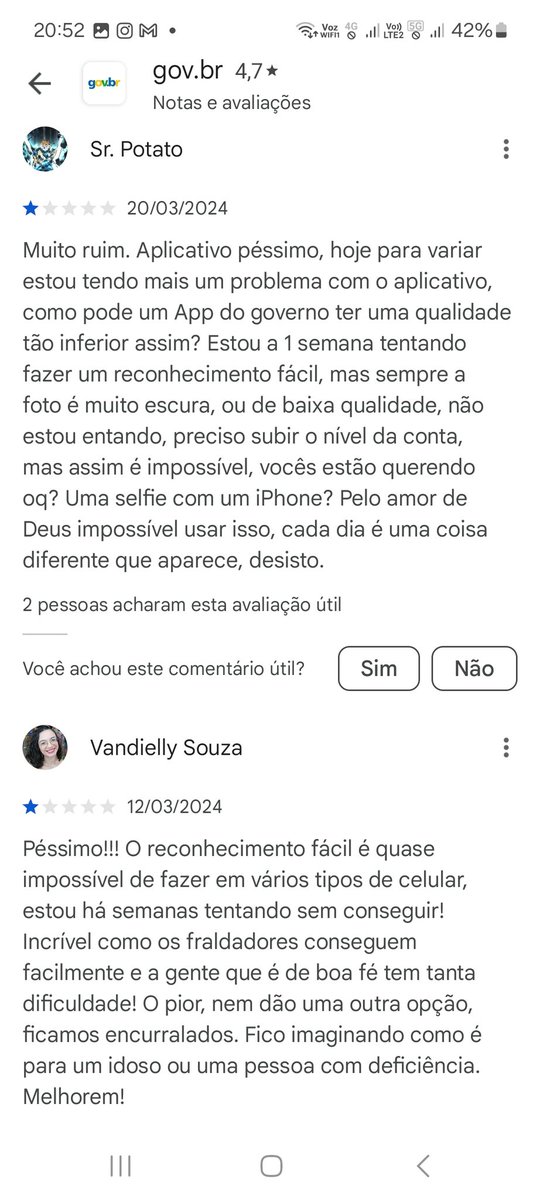 ALSLC3's tweet image. Tentando por mais de 1 mês fazer a prova de vida de uma tia sem conseguir. Fui ver as avaliações do app e olha a merd....
E aí @lula @govbr #provadevida