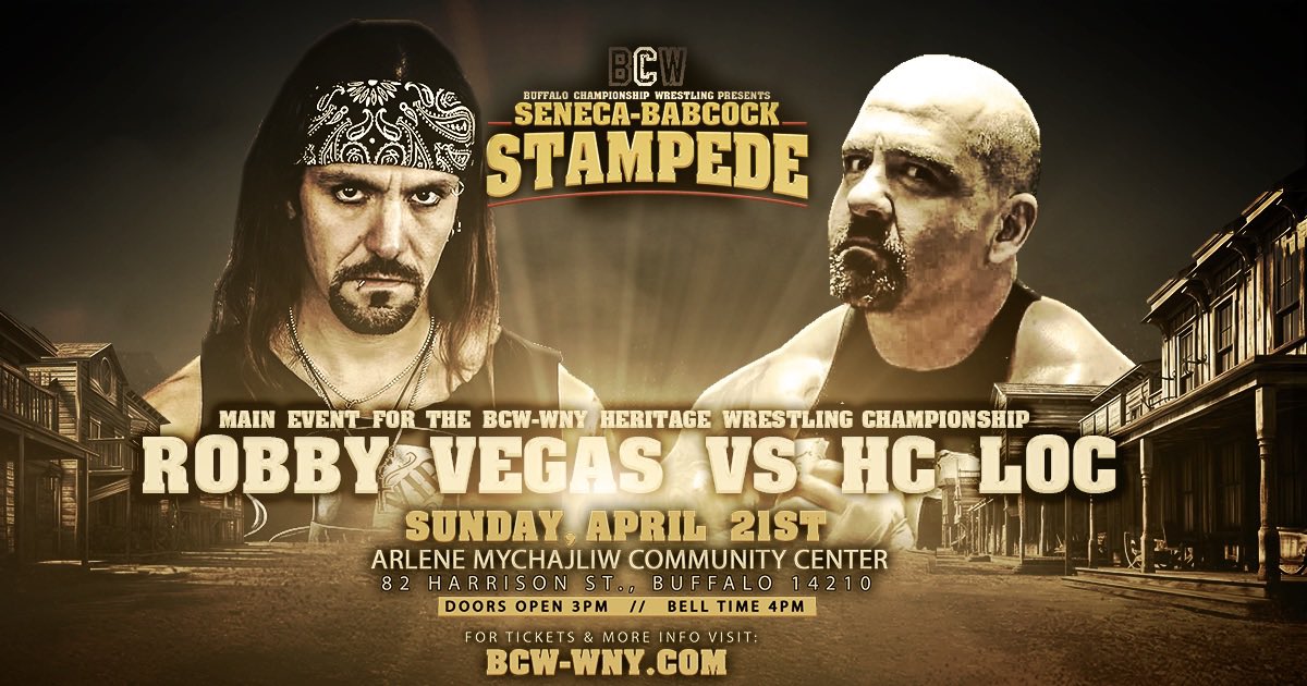 📢 MATCH ANNOUNCEMENT 📢 @Robby_Vegas_ will defend his BCW-WNY Heritage Wrestling Championship against @HCLoc1 in the #MainEvent at The Seneca-Babcock Stampede! #BCWWNY #Buffalo #WNY #SmackDown