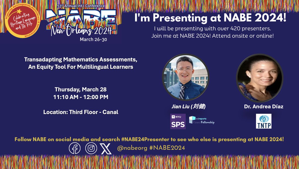 LXJSmonk's tweet photo. Excited to co-present with Dr. Andrea DΓaz at #NABE2024! Join us for our session on "Transadapting Mathematics Assessments: An Equity Tool for Multilingual Learners" on 3/28/2024 at 11:10 AM. Don't miss out! #EquityEducation #MathAssessments ππ @NABEorg https://t.co/Np48n2u6PI