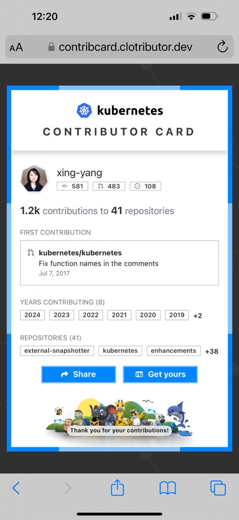 Kubernetes turns 10 this year!  So proud to be a Kubernetes contributor.  Here is my contribution card:  contribcard.clotributor.dev/xing-yang <a href="/CloudNativeFdn/">CNCF</a> <a href="/kubernetesio/">Kubernetes</a> #KubeConEU