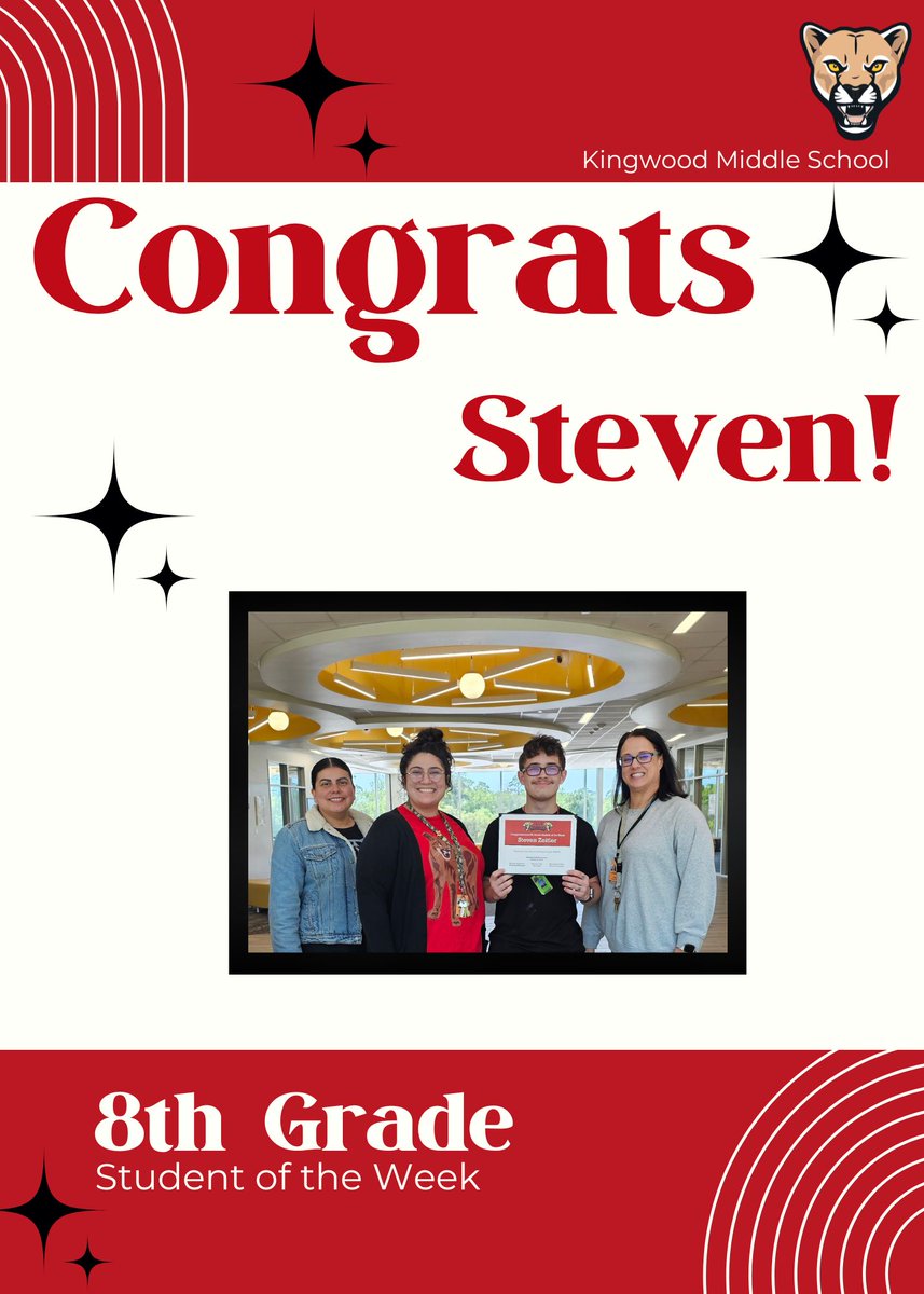 Our 8th Grade Student of the Week for March 18-22 is Steven🎉 Steven's peers describe him as respectful, kind, and an all around awesome kid. We are so proud of you, Steven!✨️❤️ #KMSCougarPride 🐾