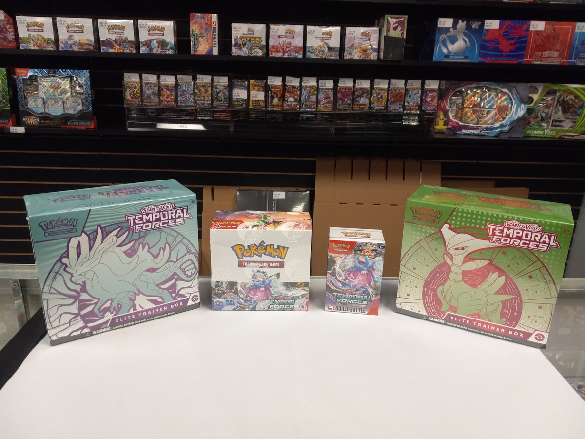 GameTimeIndy's tweet photo. Hey There Pokemon Trainers! Available today is the newest Pokemon set Temporal Forces. We have booster boxes, Elite Trainer Boxes and Build and Battle Kits available for sale. We also have a small selection of new singles available. Hope everyone has good weekend. https://t.co/a0gF3DYI5f