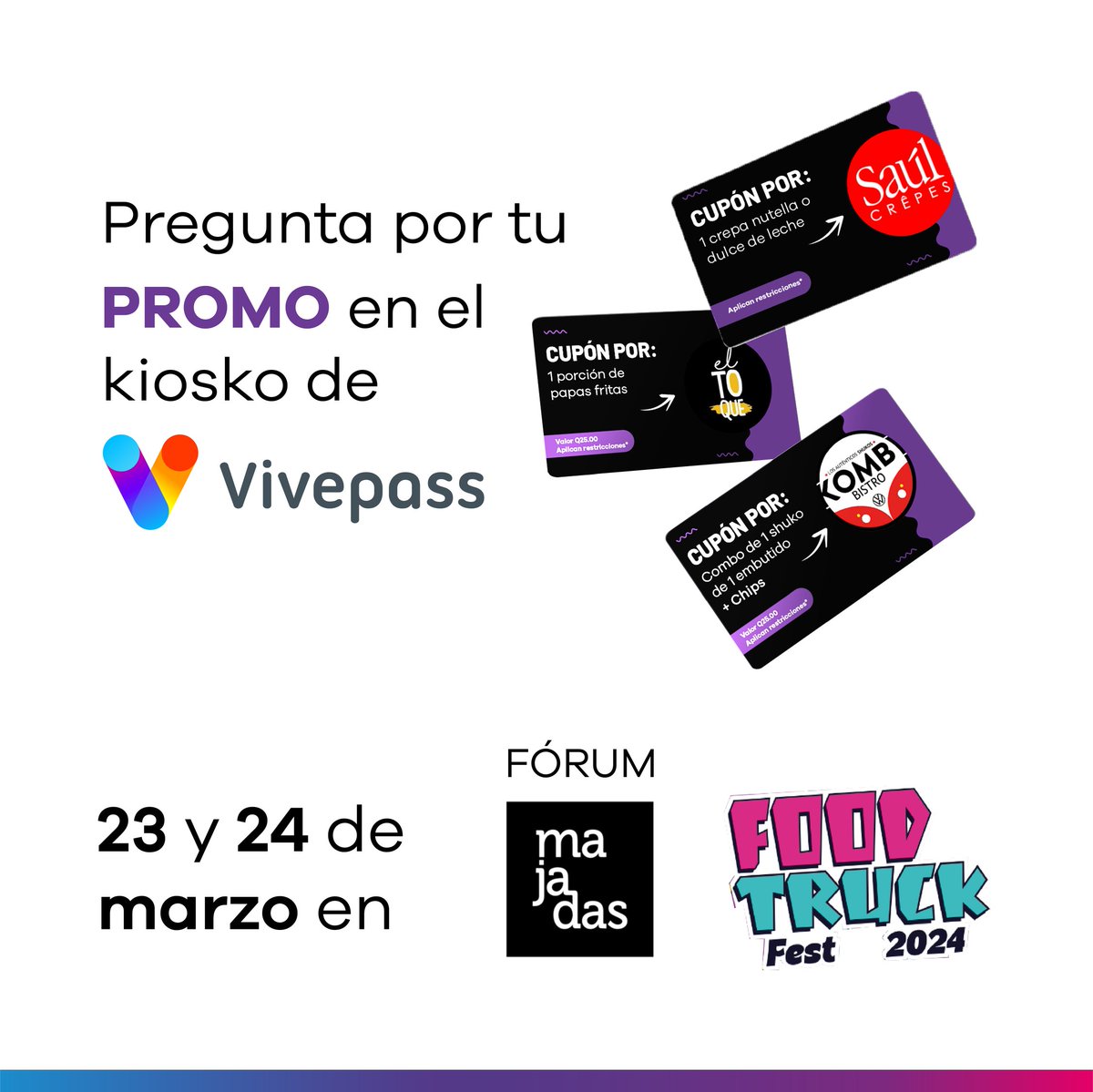 VivepassGT's tweet photo. Visítanos este fin de semana en el Kiosko de Vivepass en el Food Truck Fest y pregunta cómo puedes obtener tu cupón de Saúl, Kombi o El Toque.

¡Te esperamos! 😎

#Vivepass #foodtruckfestival #Guatemala #SinTickets #SinColas #SinEfectivo #SinBajarLaVentana https://t.co/r045u7XNFl