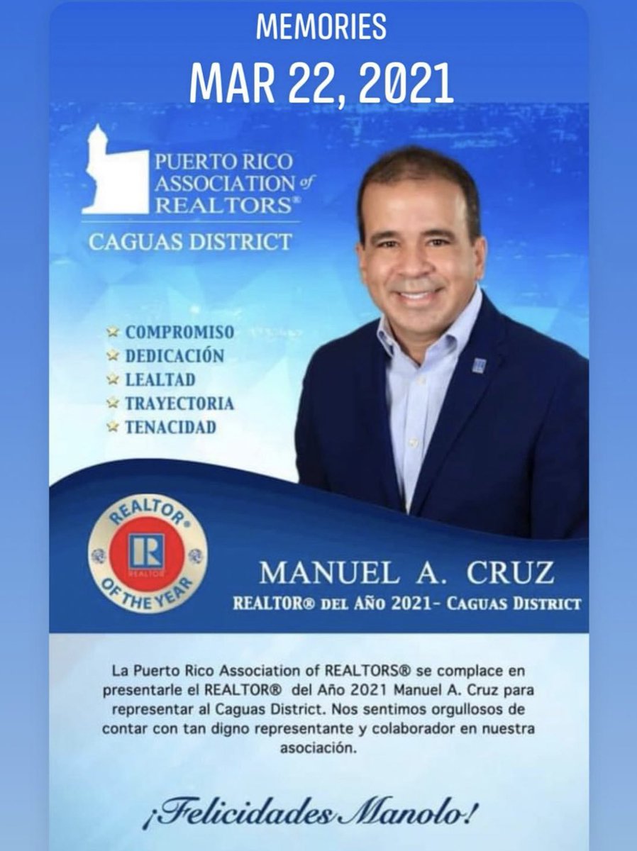 Manoloacn's tweet photo. Hoy, con gran orgullo celebro el 3er aniversario de un logro que marcó un antes y un después en mi carrera: ser distinguido como REALTOR® del Año del Caguas District de la Puerto Rico Association of Realtors.
Sigamos adelante para así forjar juntos nuevos éxitos. https://t.co/WGMJMHxt3Z