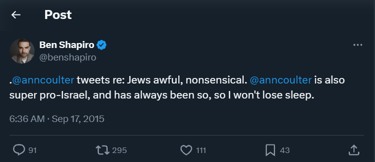 klandace owens was an anti semite BEFORE  she was hired at daily wire. she was fired for being anti israel. not making an assessment on whether her pro palestinian sentiment is geniune or not. ben shapiro has openly defended anti semites BECAUSE of their pro israeli positions.
