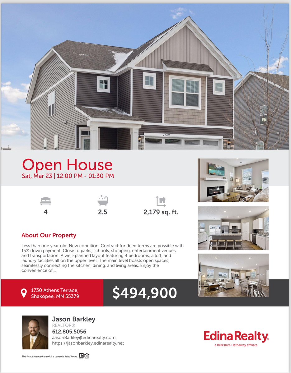 Jason_Barkley's tweet photo. #openhouse 12-1:30 3/23  #justlisted #shakopee Less than one year old! New condition. Close to parks, schools, shopping, entertainment venues, and transportation. A well-planned layout featuring 4 bedrooms, a loft, and laundry facilities all on the upper level. The main level boasts open spaces, seamlessly connecting the kitchen, dining, and living areas. Enjoy the convenience of stainless-steel Whirlpool appliances. Patio door leads to the flat backyard. #thebarkleys #edinarealty
 
Home details:
https://t.co/w2ZKTps8kl
 
More Photos:
https://t.co/LaFm9HQZVm