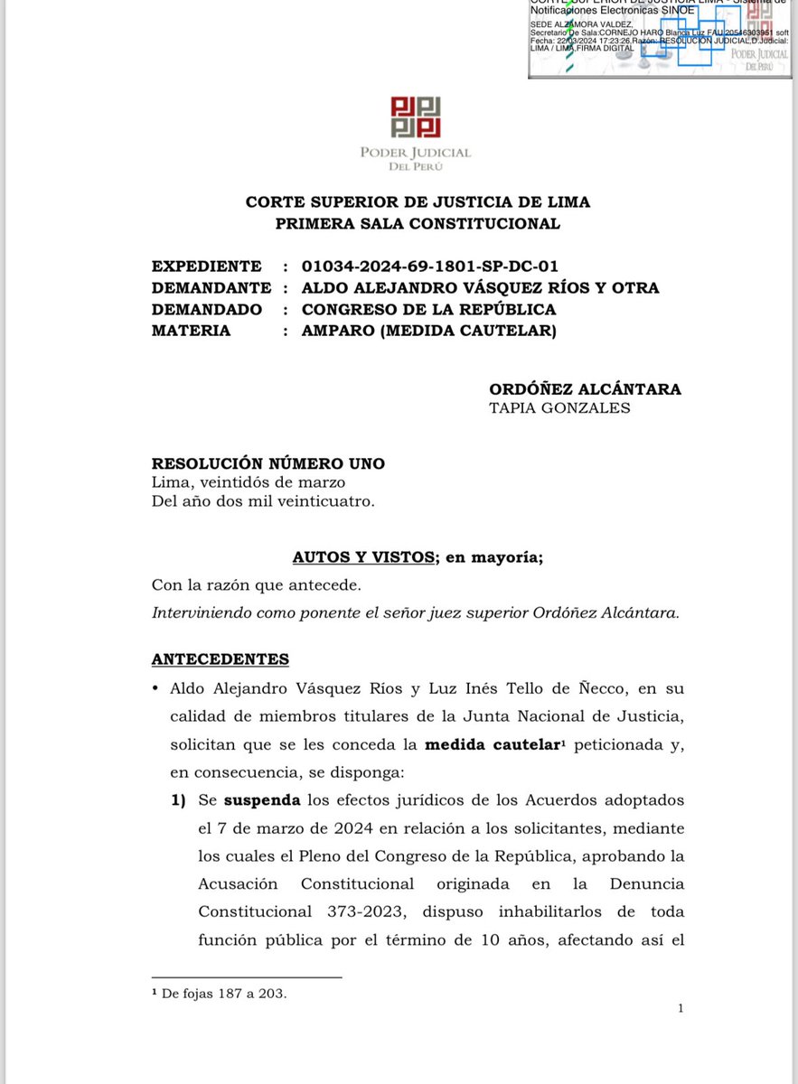 martinhidalgo's tweet photo. #AlertaLegislativa: El Poder Judicial suspende las resoluciones del Congreso que inhabilitaron por 10 años a Aldo Vásquez e Inés Tello, y ordena la reposición en la #JNJ. La resolución acá: https://t.co/PfFSmKUCMt https://t.co/WReT5EFQyC
