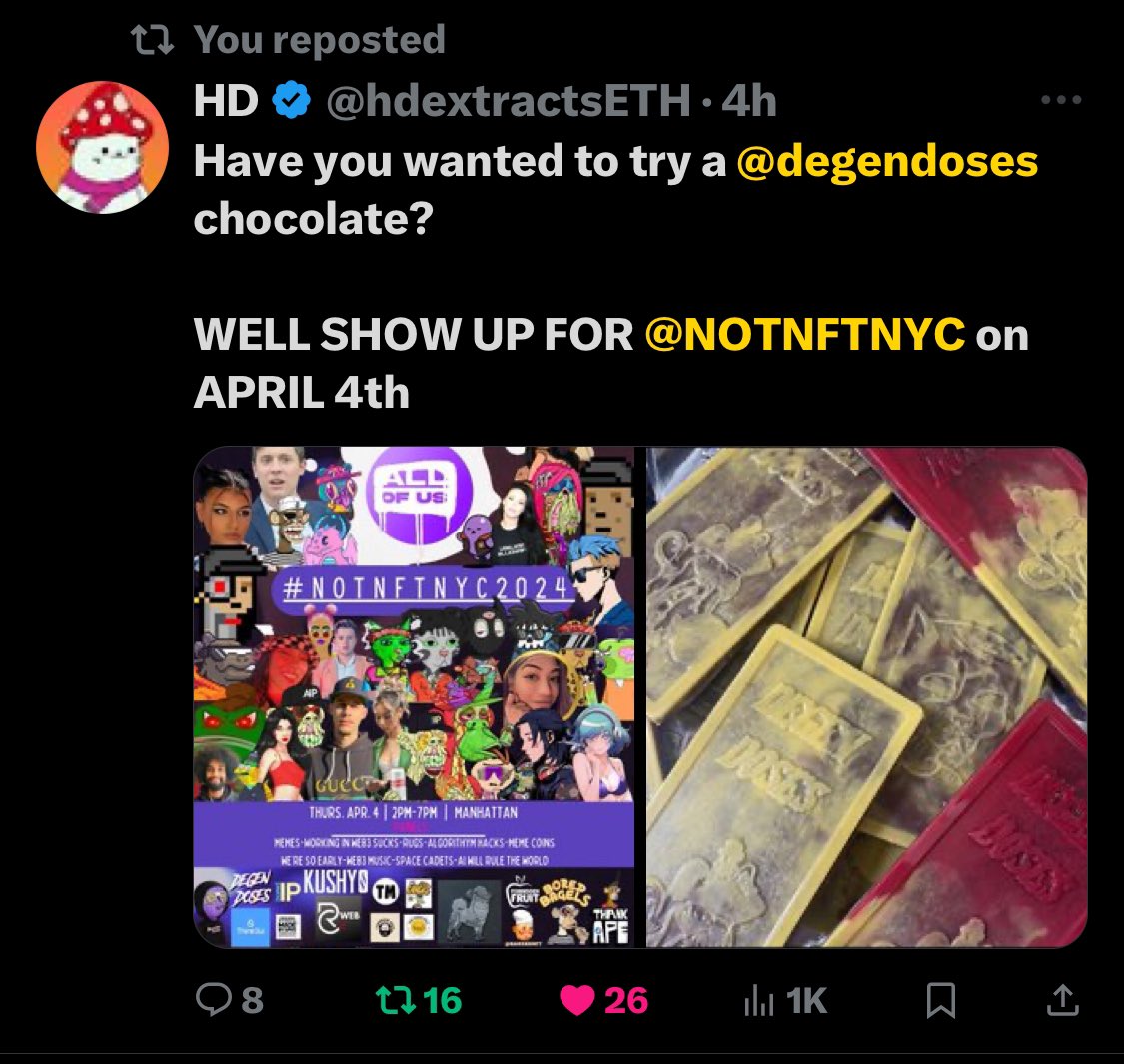 aoumedia's tweet image. NOT NFT NYC official announcements have been popping up today 👀 🚨 

@JcsSnacks 🥜 
@BoredInApe 🍵 
@degendoses 🍫