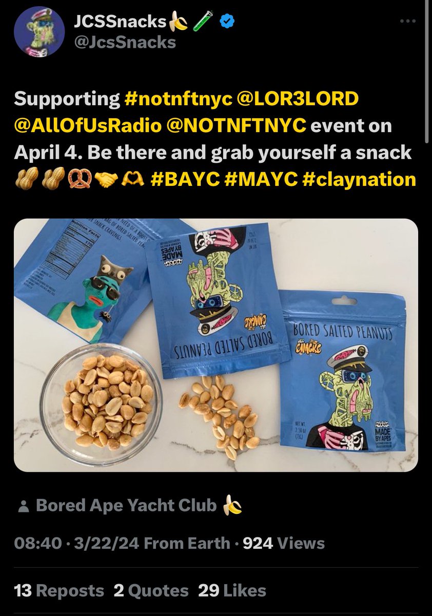 aoumedia's tweet image. NOT NFT NYC official announcements have been popping up today 👀 🚨 

@JcsSnacks 🥜 
@BoredInApe 🍵 
@degendoses 🍫