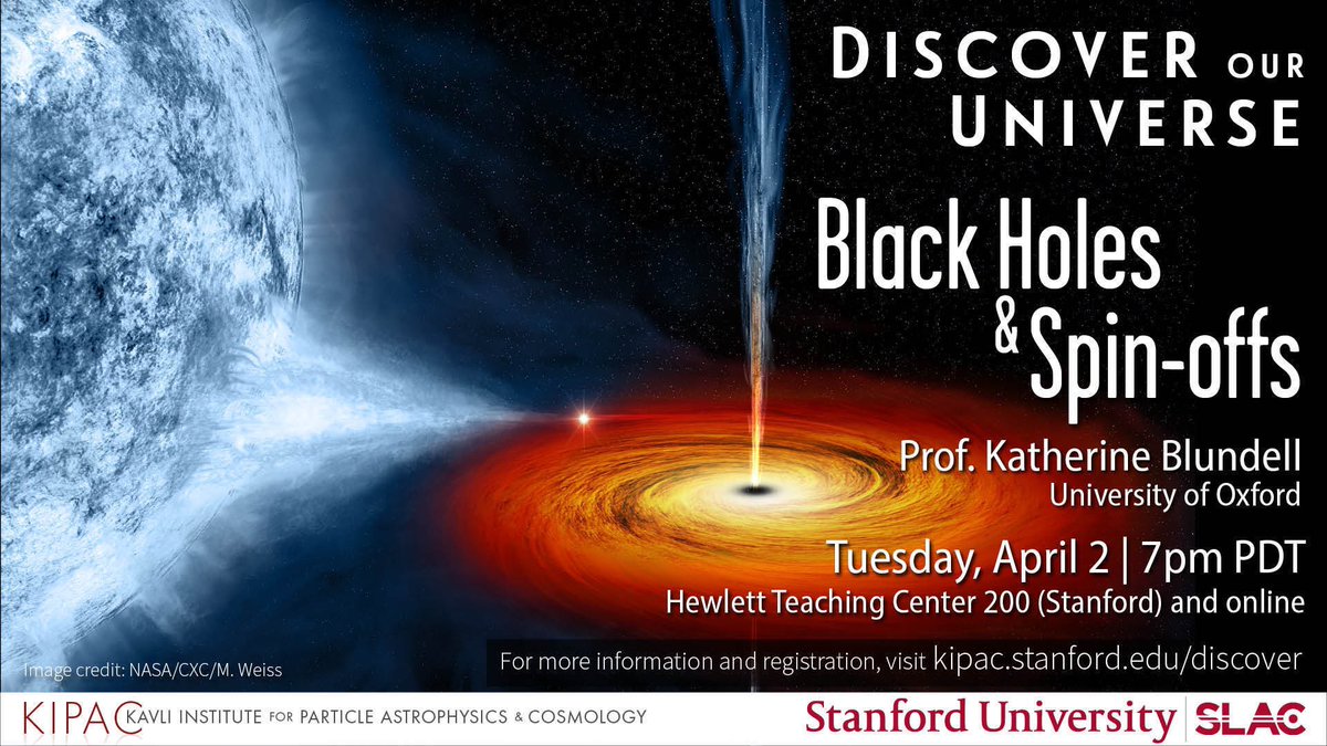 Join us on April 2nd at 7pm PDT as Prof. Katherine Blundell from Oxford discusses how black holes spread matter and interact with their surroundings. Whether in person or online, this talk is a must-see! More info & register at bit.ly/black-holes-ap…