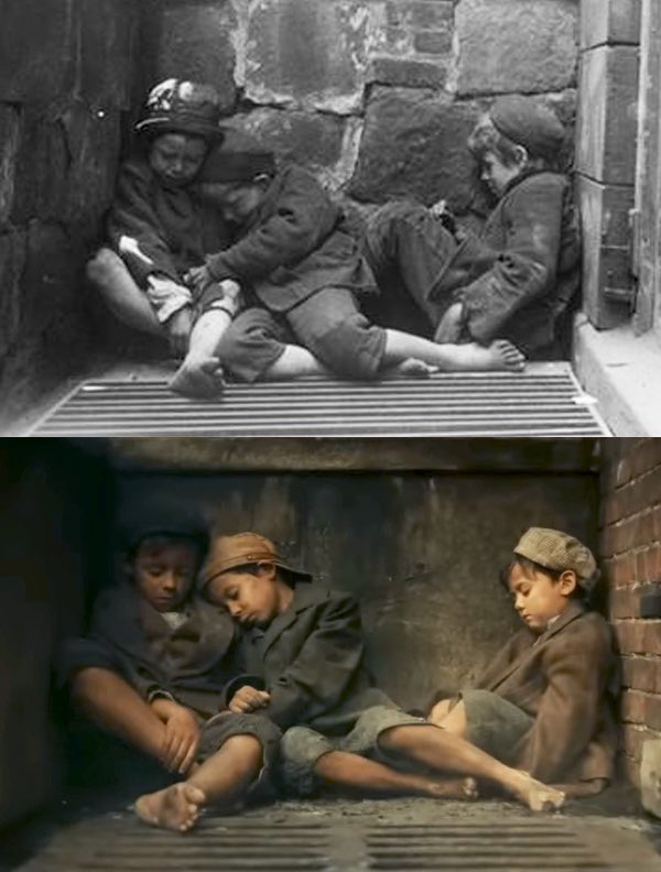 ‘Cabrini’ recreates several famous photographs of life in Five Points that were taken by Jacob Riis, including this 1889 photo of impoverished children sleeping over a heat vent. Top Photo: Jacob Riis, MCNY  Bottom: Angel Studios #Cabrini #cabrinifilm