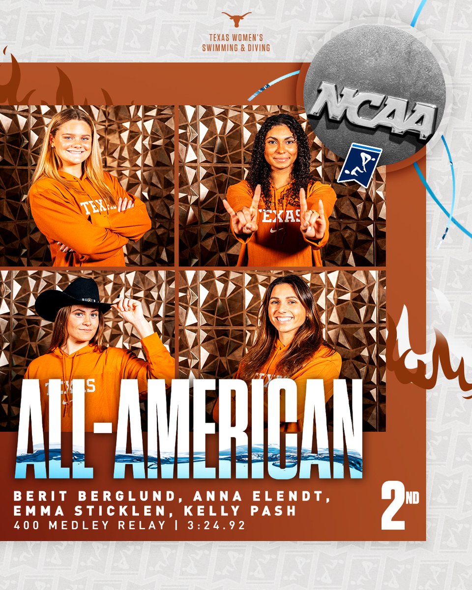 SILVER MEDAL and a PROGRAM RECORD in the 400 medley relay! 🔥🥈🤘🔥

Berit Berglund, Anna Elendt, Emma Sticklen and Kelly Pash set a NEW TEXAS RECORD of 3:24.92!

#HookEm | #NCAASwimDive