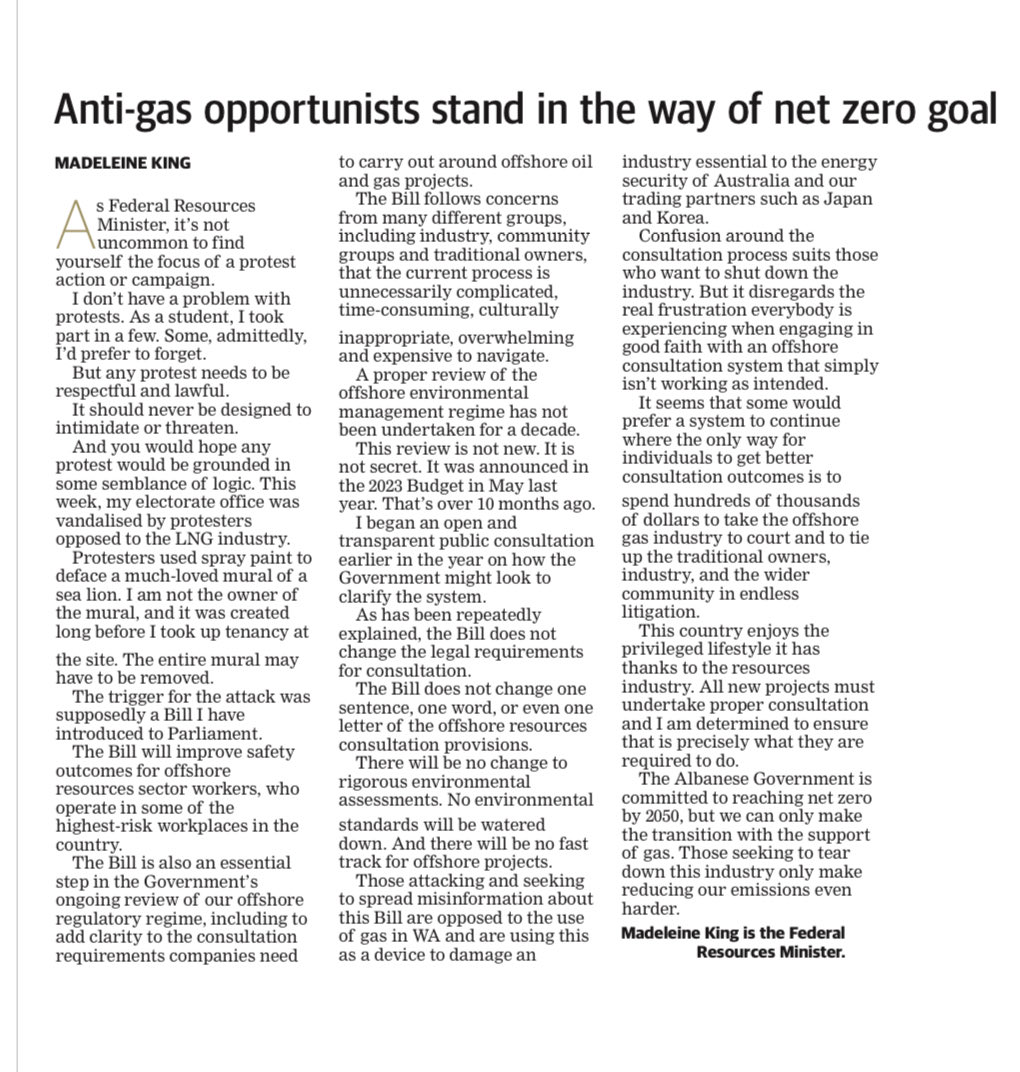 Gas is an incredibly important part of efforts to reach net zero. We need gas to firm our electricity network and to process the critical minerals we need for the transition. Those seeking to damage this industry only make that task of reducing emissions harder.