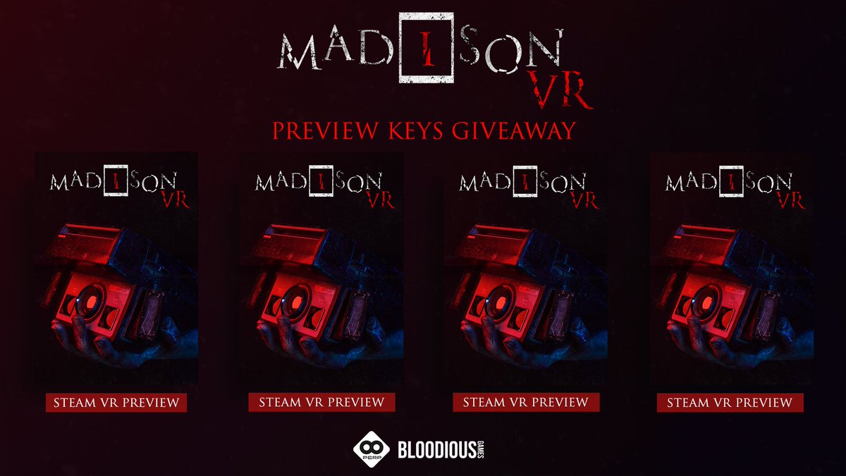 MADiSON Videogame (@madison_game) on Twitter photo PREVIEW KEYS GIVEAWAY
Calling all Streamers & Horror Fans!
Are you brave enough to be one of the first people in the world to try #MADiSONVR?
Win a key and be among the FIRST to stream it!
• Follow <a href="/BLOODIOUSGAMES/">BLOODIOUS GAMES</a> and <a href="/MADiSON_Game/">MADiSON Videogame</a>
• Tell us why you'd be the perfect #MADiSONVR PREVIEW KEYS GIVEAWAY
Calling all Streamers & Horror Fans!
Are you brave enough to be one of the first people in the world to try #MADiSONVR?
Win a key and be among the FIRST to stream it!
• Follow <a href="/BLOODIOUSGAMES/">BLOODIOUS GAMES</a> and <a href="/MADiSON_Game/">MADiSON Videogame</a>
• Tell us why you'd be the perfect #MADiSONVR