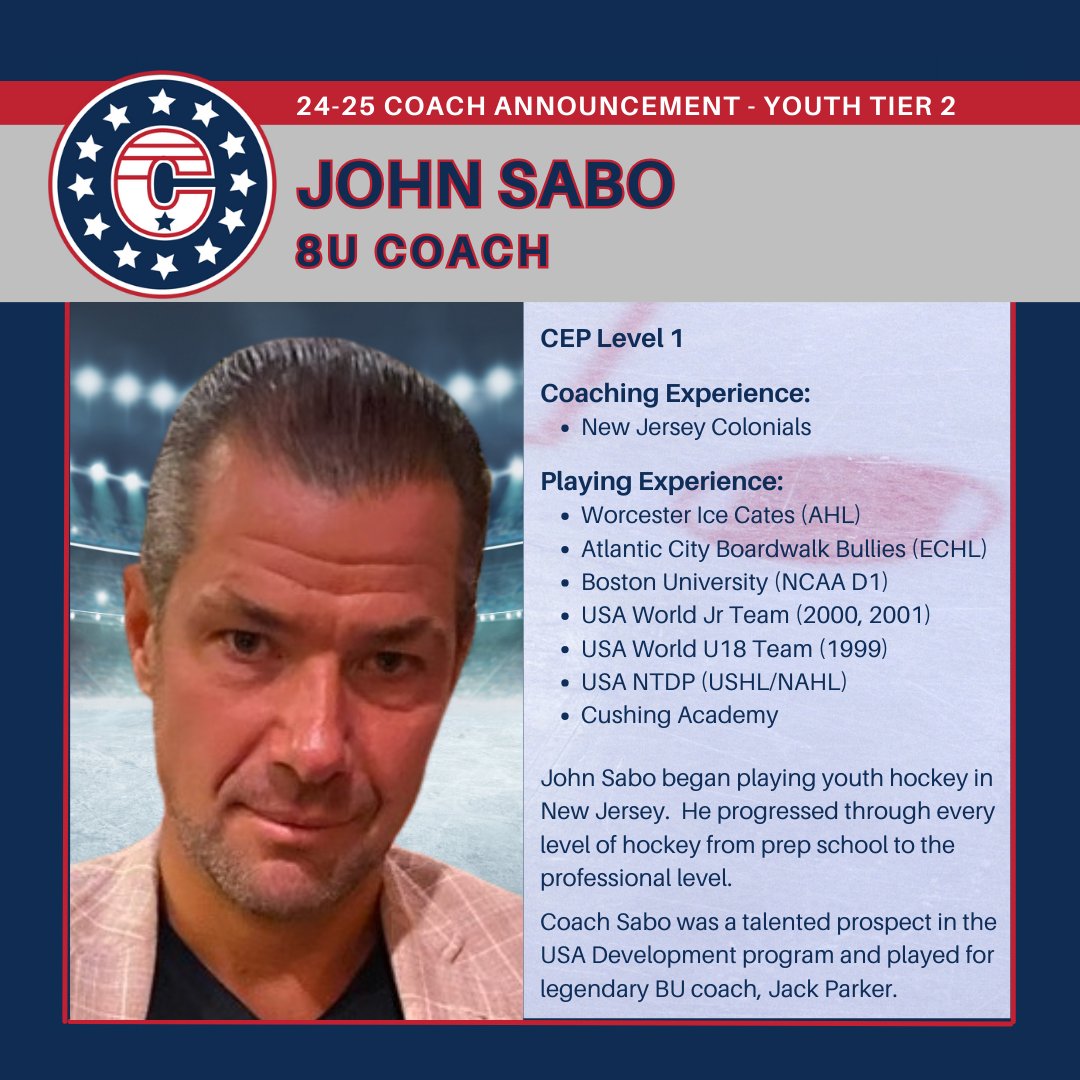 YOUTH TIER 2 COACH NEWS: The Colonials introduce John Sabo as an 8U head coach in 2024-25. Coach Sabo brings a wealth of experience from playing at the highest US amateur levels and pro. Register for tryouts: colonialshockey.org