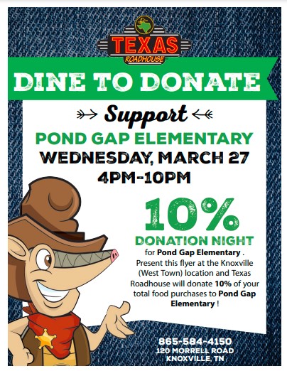 utk_uacs's tweet image. Come Support Pond Gap Elementary for the Dine to Donate at Texas Roadhouse (West Town Knoxville Location) on Wednesday March 27th 4-10pm🍽📚🎓 #uacspondgap #utkuacs #uacssunbright #uacspondgap #utknoxville #CommunitySchools