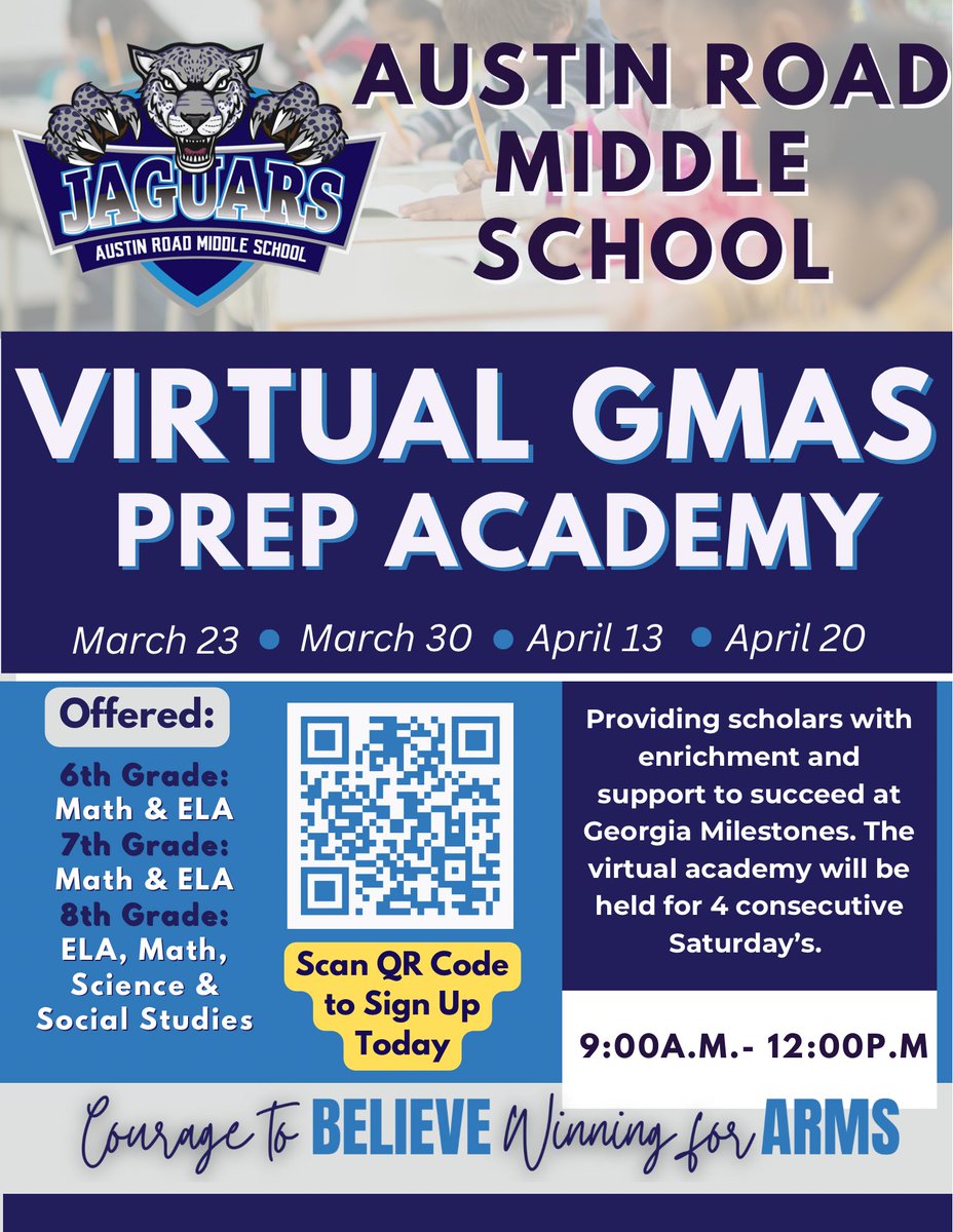 GA Milestones is fastly approaching ⌛️So excited for @ArmsJags 1st Virtual GMAS Prep Academy Session tomorrow. Scholars there is still time to sign up 🐾💙 #WinningforARMS @LibraLBrittian @AOAddison_ @MajorJones_ @BWashing10