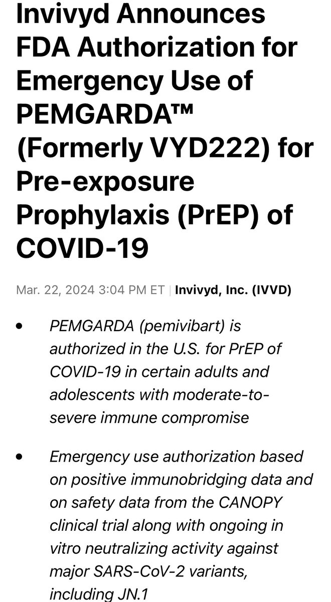 acrossthemersey's tweet image. More on PEMGARDA mAB.

~ (Pemivibart) authorized in the US for PrEP of COVID-19 in certain adults &amp;amp; adolescents with moderate to severe immune compromise.

~Product availability in the US anticipated imminently.

~Neutralizing activity against SARS-CoV-2 variants, including JN.1.