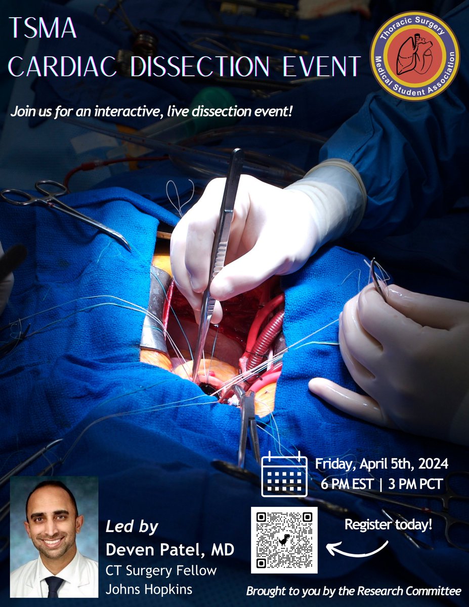 If you have not done so already, be sure to sign up for our Cardiac Dissection event this Friday! @DevenPatelMD of @HopkinsCTSurg will be walking us through a live dissection of a heart with cannulation strategies! tinyurl.com/ytbc2zyp