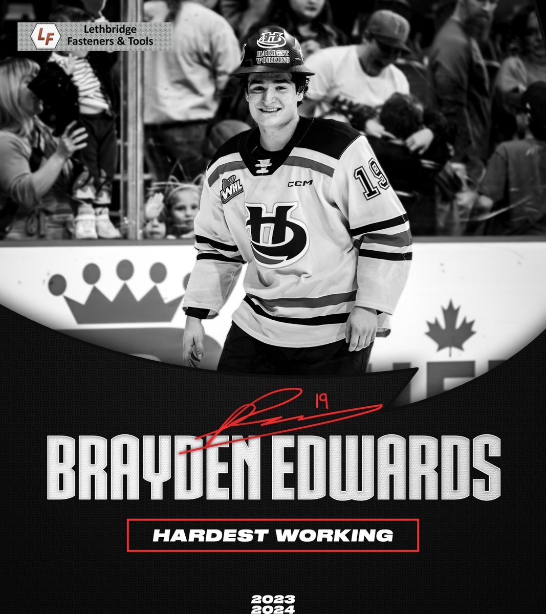 Shattering his previous career-highs in goals, assists, and points while becoming the first Hurricane to reach the 30-goal mark in two consecutive seasons, this year's Lethbridge Fasteners' Hardest Working Hurricane goes to Eddy!