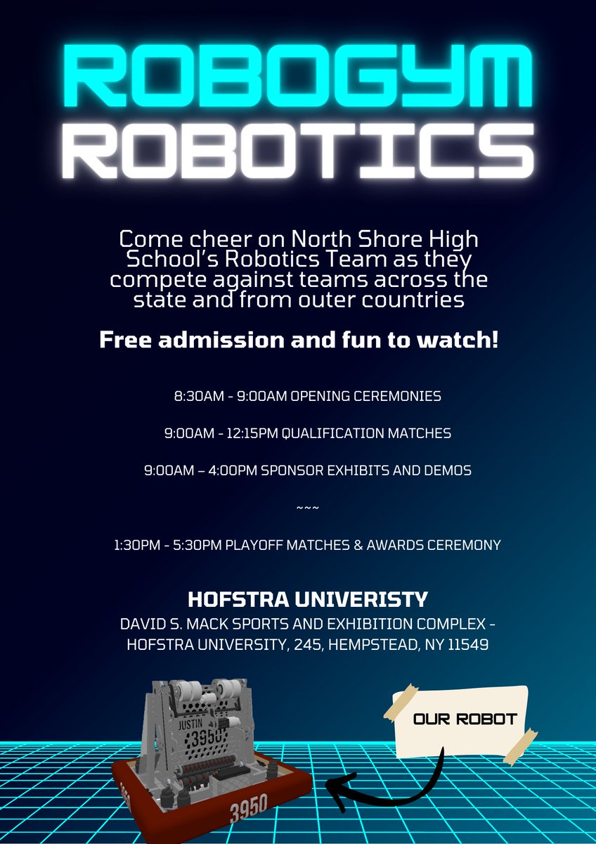 For anyone interested, the Long Island Robotics Regional is happening tomorow at Hofstra University. High schools from all over the globe (France, China, etc.) compete against each other to see who has the best robot in intense, high-energy matches.

Admission is free!