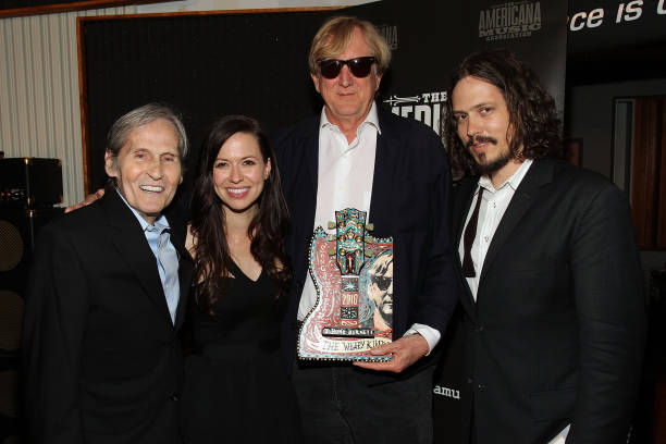 Levon Helm, Joy Williams of The Civil Wars, producer T Bone Burnett, and John Paul White of The Civil Wars attend the 2011 Americana Honors & Awards nominee announcement party at the Gibson Showroom on May 23, 2011 in New York City. Photo: Taylor Hill #LevonHelm