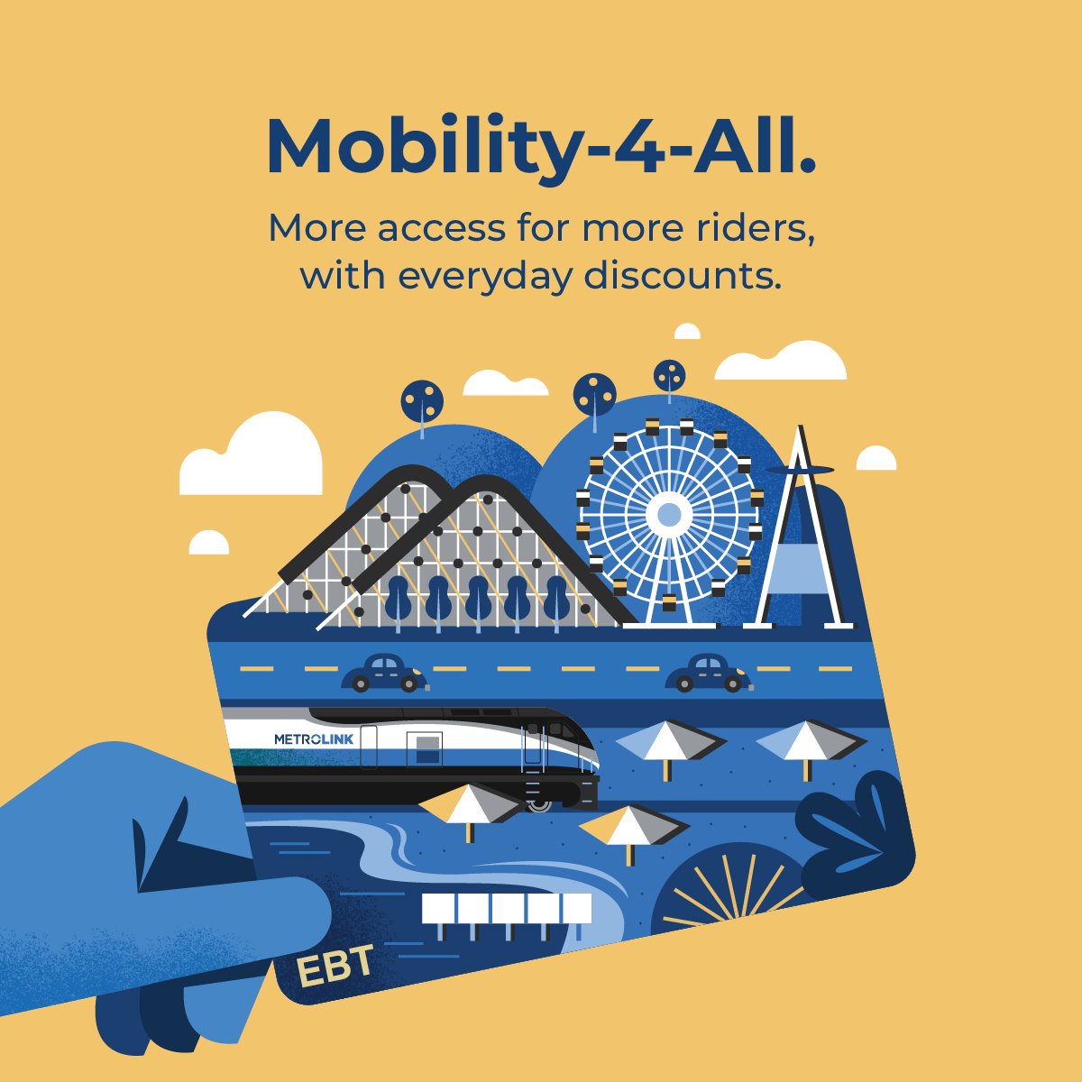 Our #Mobility4All program offers eligible riders a 50% discount on any Metrolink ticket or pass. To qualify for the discount, riders must possess a valid EBT card issued by the state of California. #takethetrain Learn More: metrol.ink/3DNq2ja