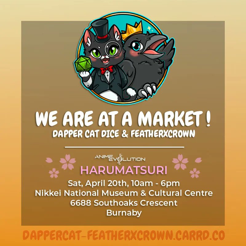 Crow ✨Vancoufur 🐾 ArtistAlley Sunday (@featherxcrown) on Twitter photo We are going to Harumatsuri! 🌸
I'll be tabling with @dappercat_dice on Saturday, April 20th
<a href="/anime_evolution/">Giuseppe Ferreri</a> #AEHaru
New stickers, More ffxiv pins, More dragons...
and More details later 👀
#artistalley #harumatsuri #aeharumatsuri We are going to Harumatsuri! 🌸
I'll be tabling with @dappercat_dice on Saturday, April 20th
<a href="/anime_evolution/">Giuseppe Ferreri</a> #AEHaru
New stickers, More ffxiv pins, More dragons...
and More details later 👀
#artistalley #harumatsuri #aeharumatsuri