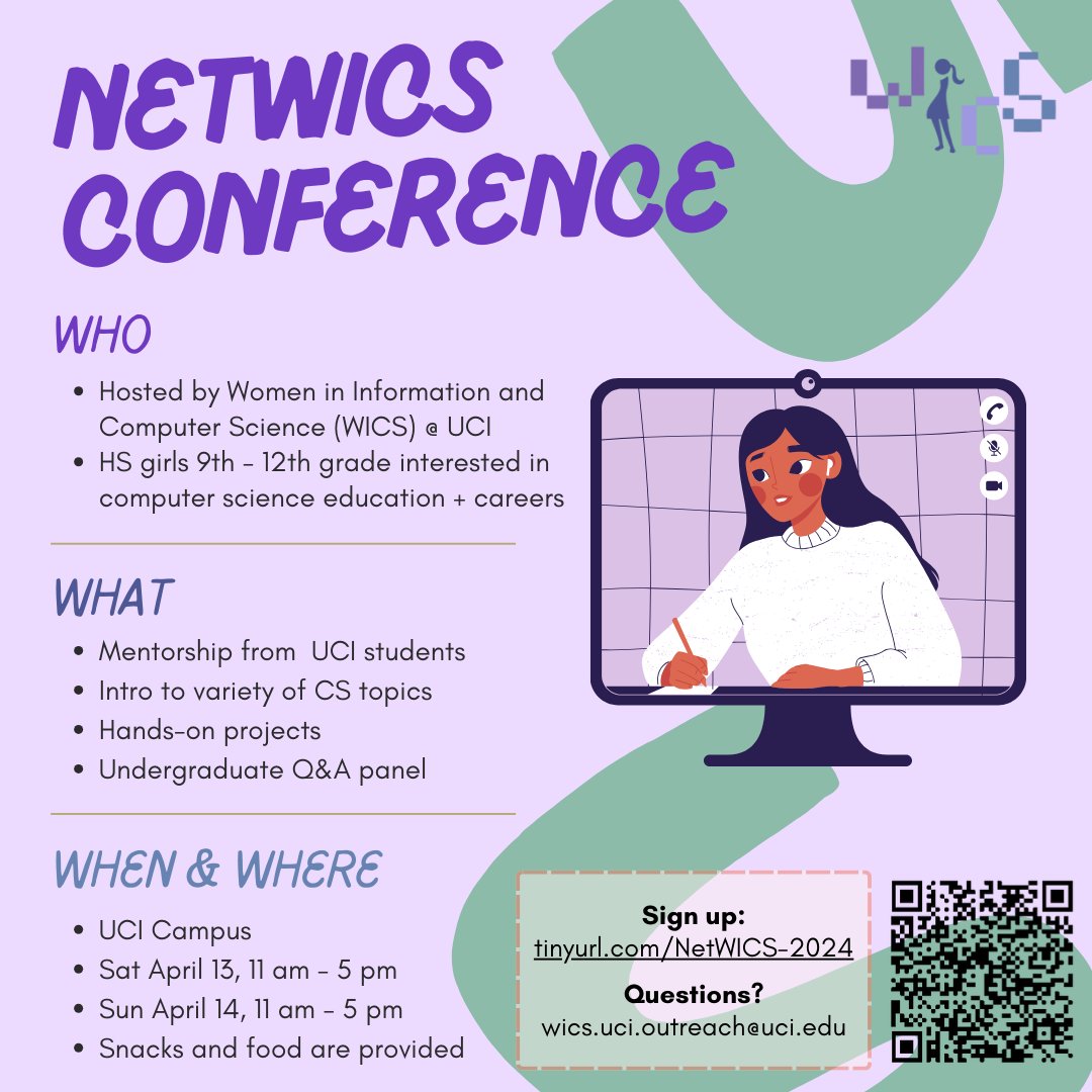 WICS Outreach is looking for mentors for high school students! As a mentor, you’d pass on your wisdom and support these girls at NetWICS, a conference for high school girls interested in CS careers and academia to learn about the field!
Info/Sign up here: bit.ly/NetWiCSVolunte…