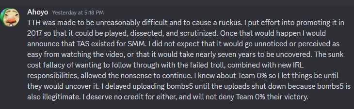 YTBeef21's tweet photo. Incase this reaches someone who is living under a rock who cares about the smm1 team 0% stuff, trimming the herbs was confirmed to be uploaded with TAS. Ahoyo stated this in the team 0% server. Obviously, dont go harass him. GG team 0% on beating SMM1! See full messageInTheServer https://t.co/FSpJ80XsTn