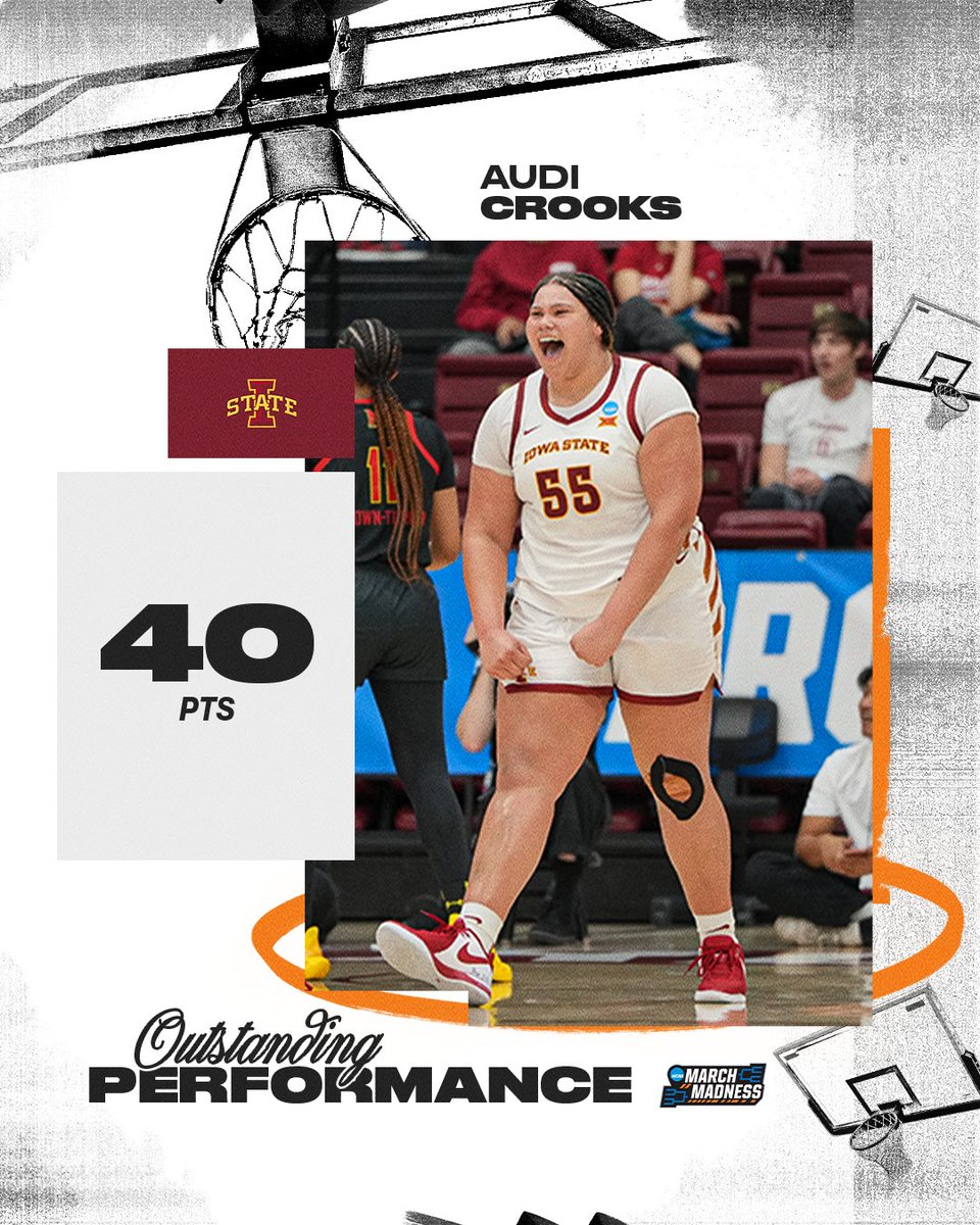 MarchMadnessWBB's tweet photo. CROOKS COOKED ‼️⚡️
️
@AudiCrooks dropped 40 PTS + 12 REB to lead @CycloneWBB to their win over Maryland.

#MarchMadness https://t.co/woXYzN09eF
