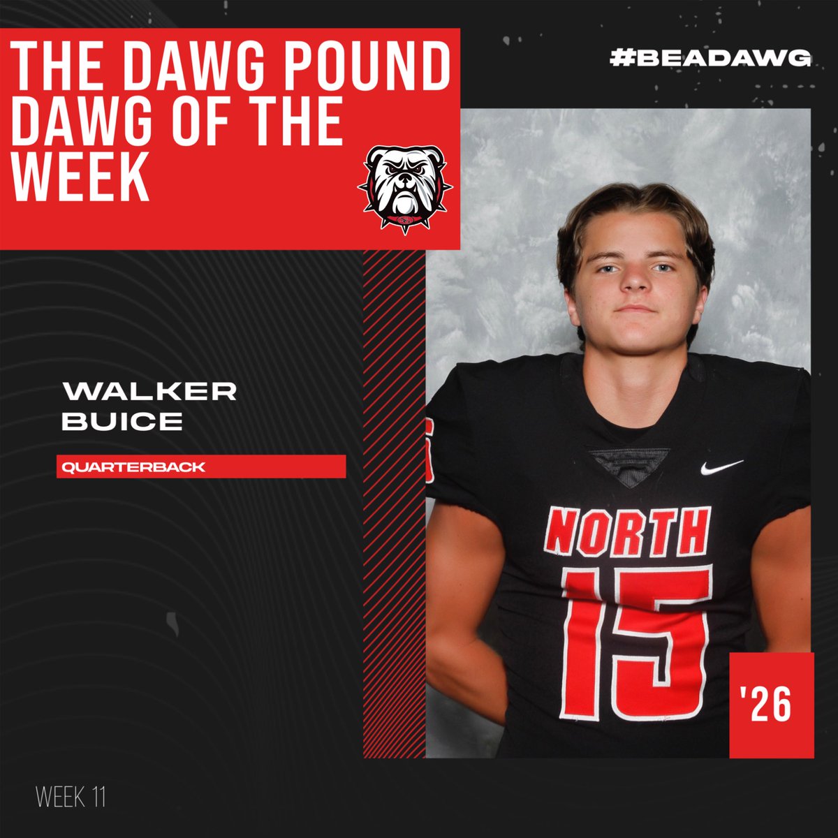 The Dawg Pound Dawg of the Week was ‘26 QB Walker Buice! @WalkerBuice consistently pushes his teammates and has made huge jumps on all his lifts! #CHAMPIONSHIP effort every single day! LETS GO!! #FAMILY #NORTH #CHAMPIONSHIPEVERYDAY #BEADAWG #DPG #VT24