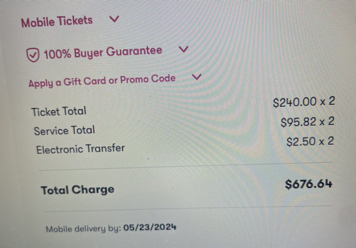 A service fee of nearly *40%* the cost of the ticket is just disgusting and all ticket vendor platforms should be regulated into the ground. DOJ get on this if you’re gonna go after iMessage