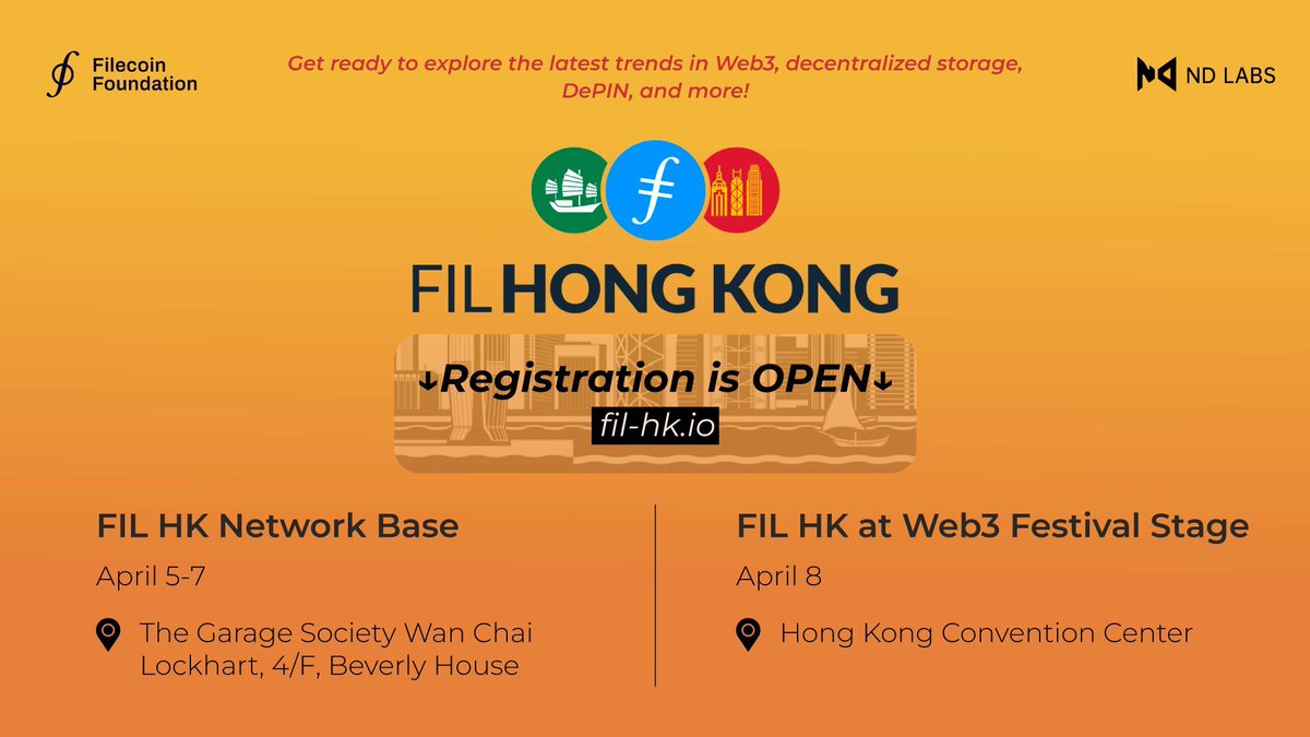 Calling storage providers, developers, &amp; ecosystem partners! 📣

FIL Hong Kong, hosted by @imndlabs, is your chance to connect, learn, and build!

Join us at the FIL Hong Kong Network Base &amp; the Web3 Festival. 

Register: bit.ly/3VoMitJ