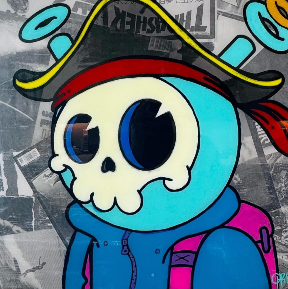agobel83's tweet photo. My brother made me some physical art of two of my favorite NFTs that I own. The @quirkiesnft was painted over a back drop made with original @thrashermag pages and has glow in the dark paint for the skull. The @CoolmanUniverse is over 1929 news paper with fluorescent lights. https://t.co/kuW6akp27a