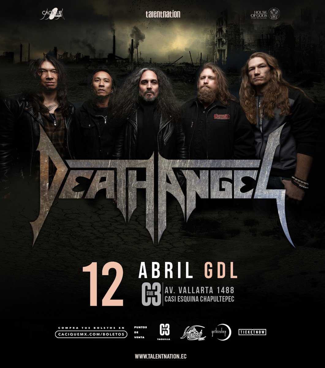 DEATH ANGEL en GDL • 12 de Abril • C3 Stage Más información: go.caciquemx.com/DeathGDL GENERAL: Preventa: $850 pesos Día del Evento: $950 pesos BALCÓN VIP: $1,250 (Zona de mesas)