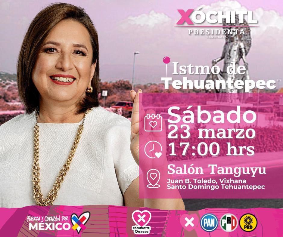 efektoaguila's tweet photo. #UNIDOSXOAXACA 
La próxima Presidenta de México @XochitlGalvez visitará mañana sábado Salina Cruz donde dialogará con usuarios del IMSS y en Santo Domingo Tehuantepec se reunirá con la militancia partidista y la sociedad civil. Vamos todos! https://t.co/k7AL3LOJYJ
